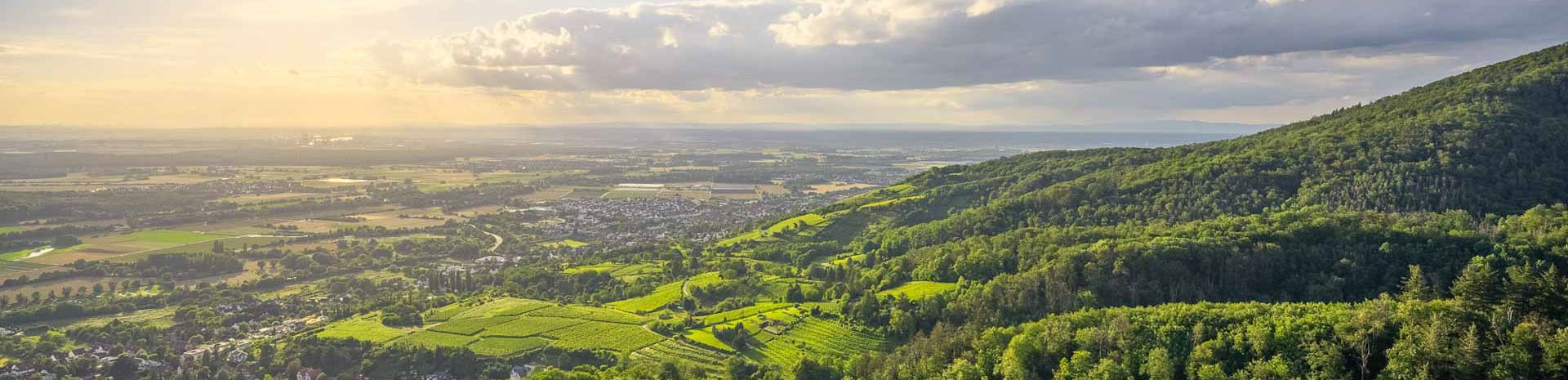 Weite Landschaft mit Hügeln, Feldern, Wäldern und einem Dorf im Sonnenlicht.